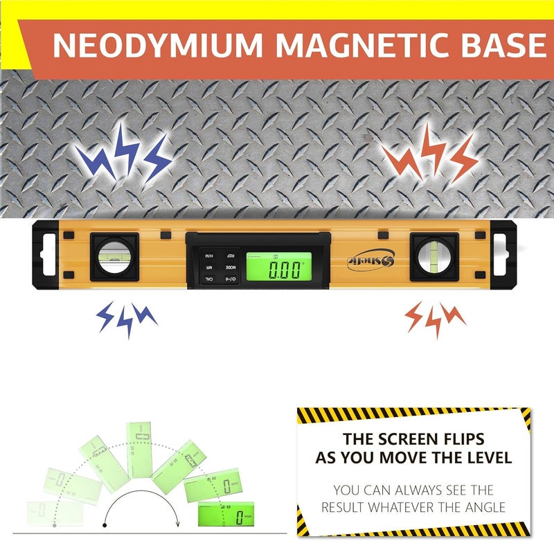 Shefio Digital Level - 18 Inch Magnetic, IP54 Dustproof and Waterproof - Protractor - Includes Batteries and Carrying Case - Image 3
